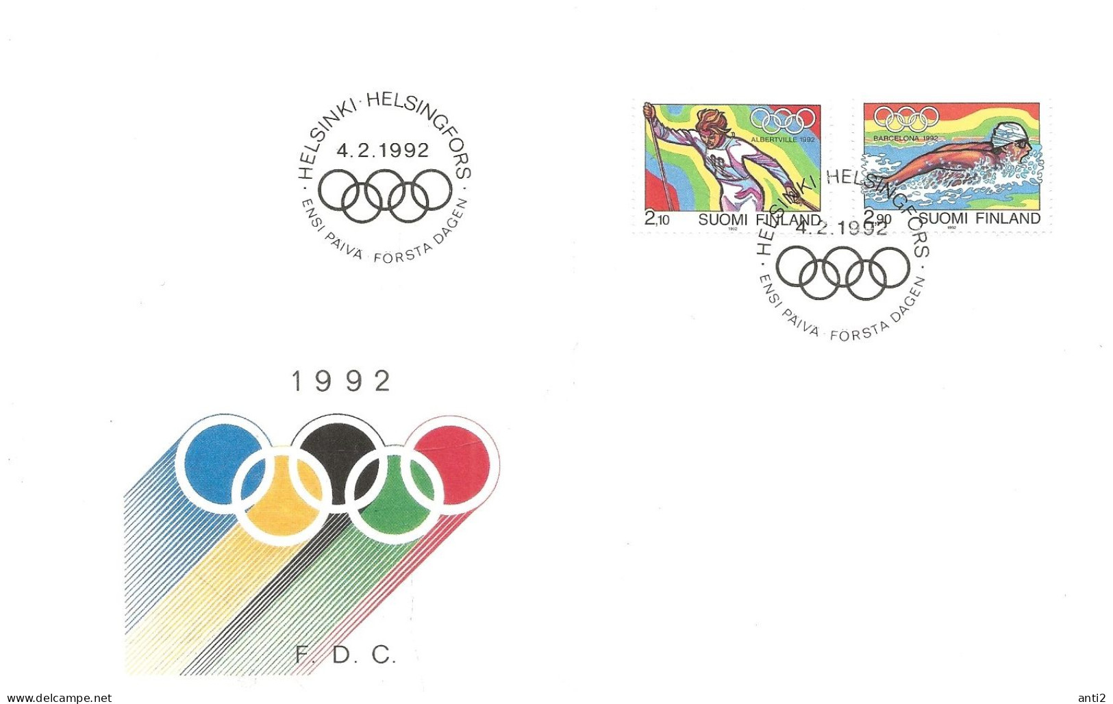 Finland   1992  Olympic Games, Albertville And Barcelona, Cross-country Skiing, Swimming   Mi 1161-1162   FDC - Brieven En Documenten