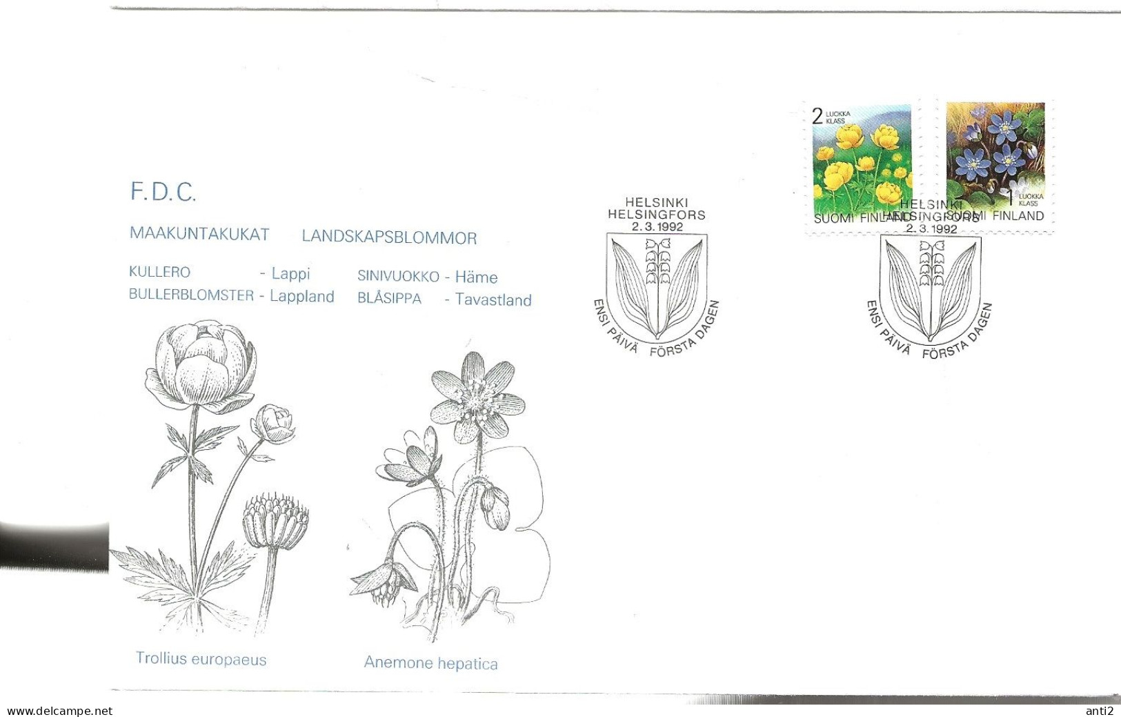 Finland   1992  Plants, Flowers, Flora, Globeflower (Trollius Europaeus)  Amd) Liverwort (Hepatica    Mi 1163-1164   FDC - Storia Postale