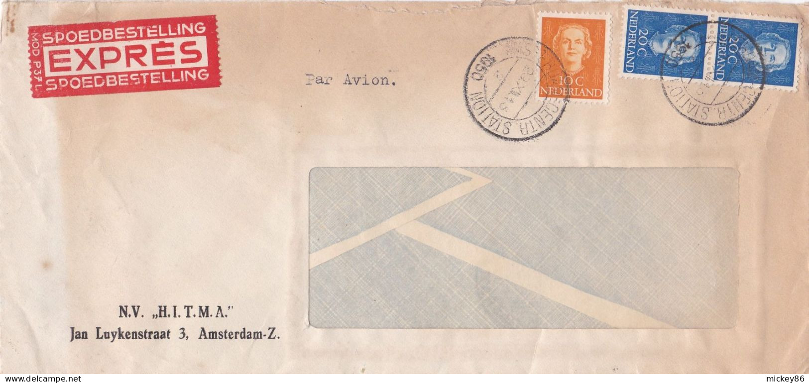 Pays-Bas-1950--Lettre Exprès D'AMSTERDAM  Pour PARIS (France) .timbres ...cachets...personnalisée   N.V   H.I.T.M.A - Covers & Documents