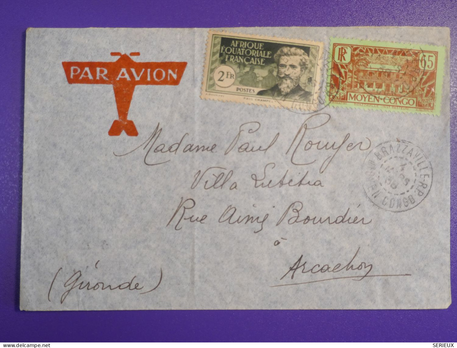 DM3  AEF  BELLE LETTRE  1938  BRAZZA A  ARCACHON   FRANCE ++AFF.   INTERESSANT+ + - Storia Postale