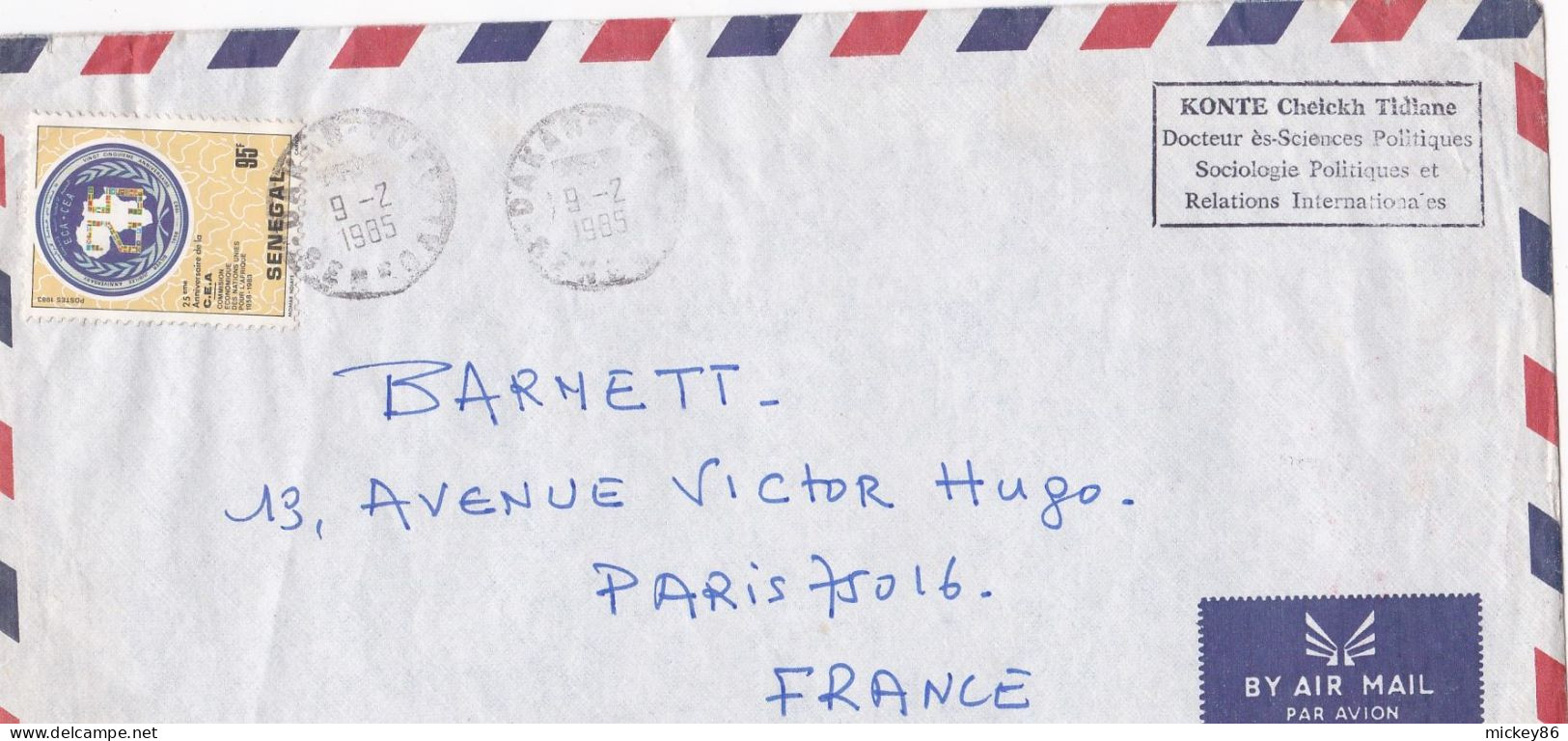 Sénégal -1985--Lettre De DAKAR YOFF  Pour PARIS (France) .timbre C.E.A Seul Sur Lettre...cachets...personnalisée Konte - Senegal (1960-...)
