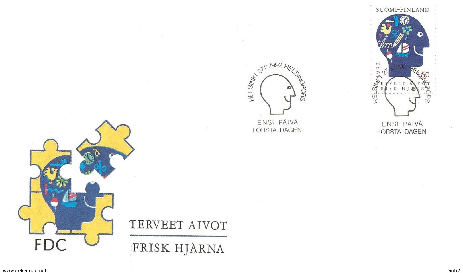 Finland   1992   "Healthy Brain" Campaign. Head With Thoughts (stylised)  Mi 1167  FDC - Brieven En Documenten