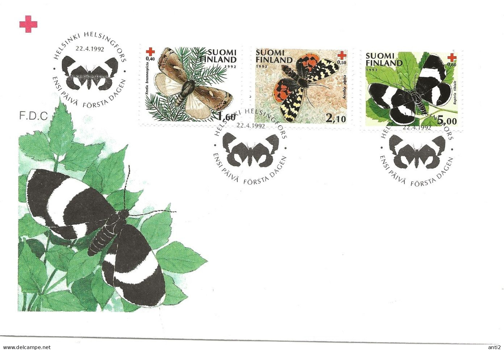 Finland   1992 Red Cross: Butterflies, Taiga Ground Owl, Fjeldbär, Christopher's Cabbage Teaser   Mi 1169-1171  FDC - Covers & Documents