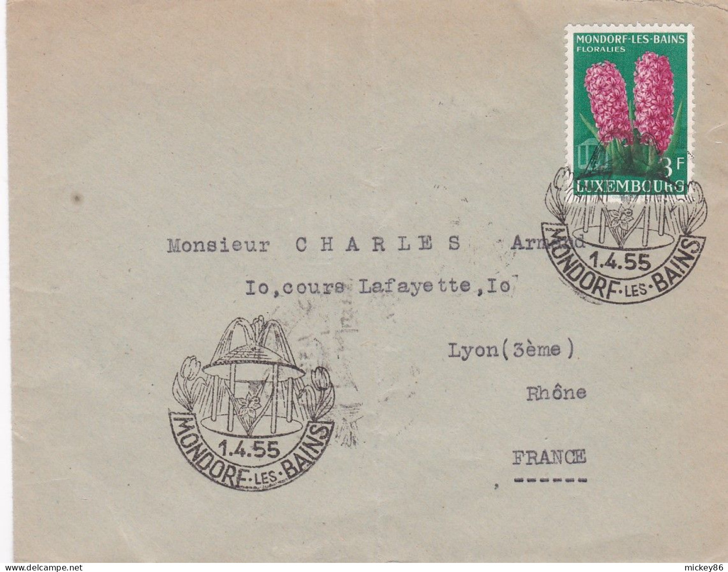 Luxembourg -1955--Lettre De MONDORF LES BAINS  Pour LYON-69 (France) .timbre Fleur Seul Sur Lettre...Beau Cachet.. - Lettres & Documents