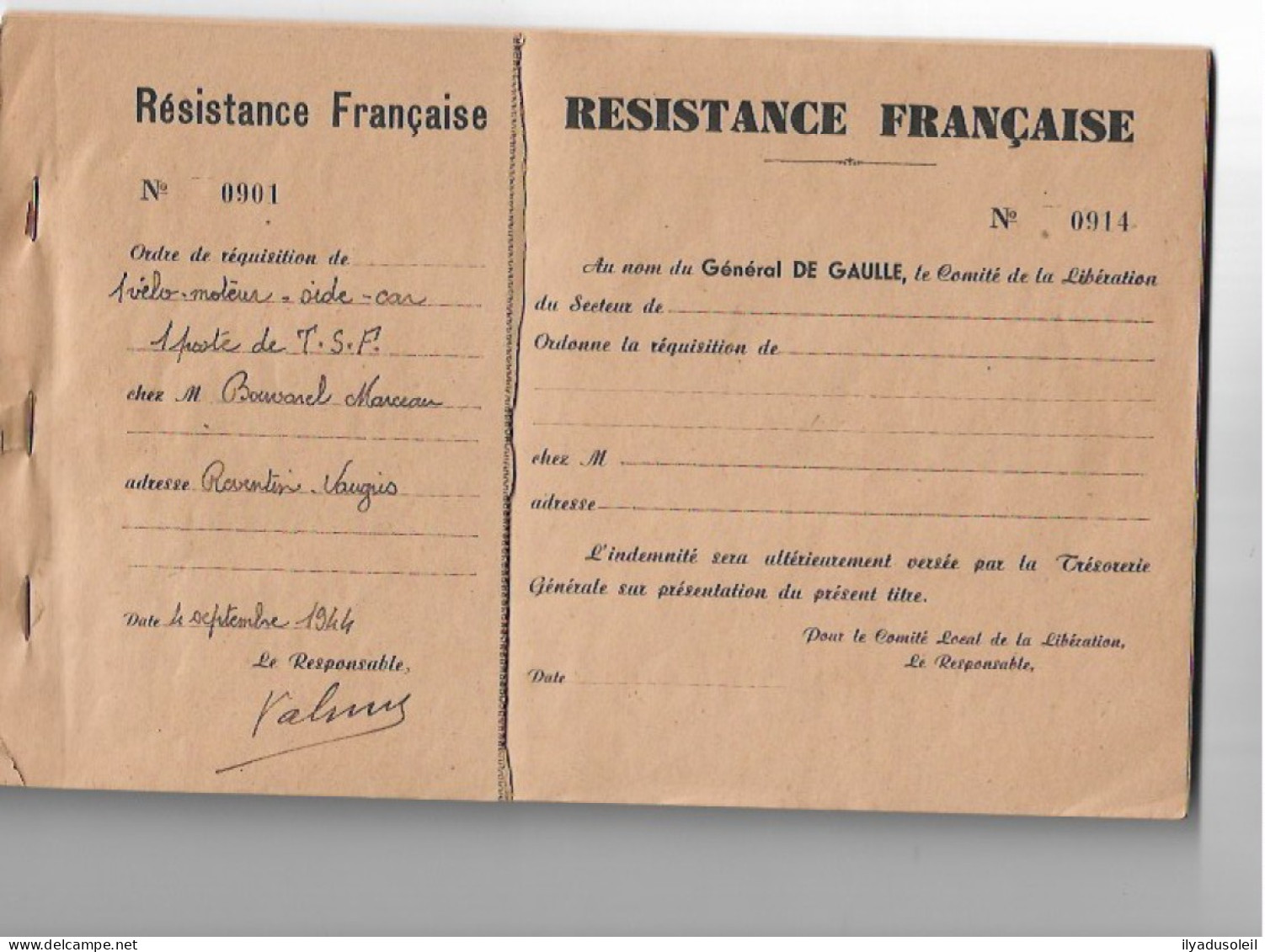 Resistance Francaise Carnet De  Requisition Avec 13 Ecrite  Aout Sept 1944 En Isere Signee Valmy - 1939-45