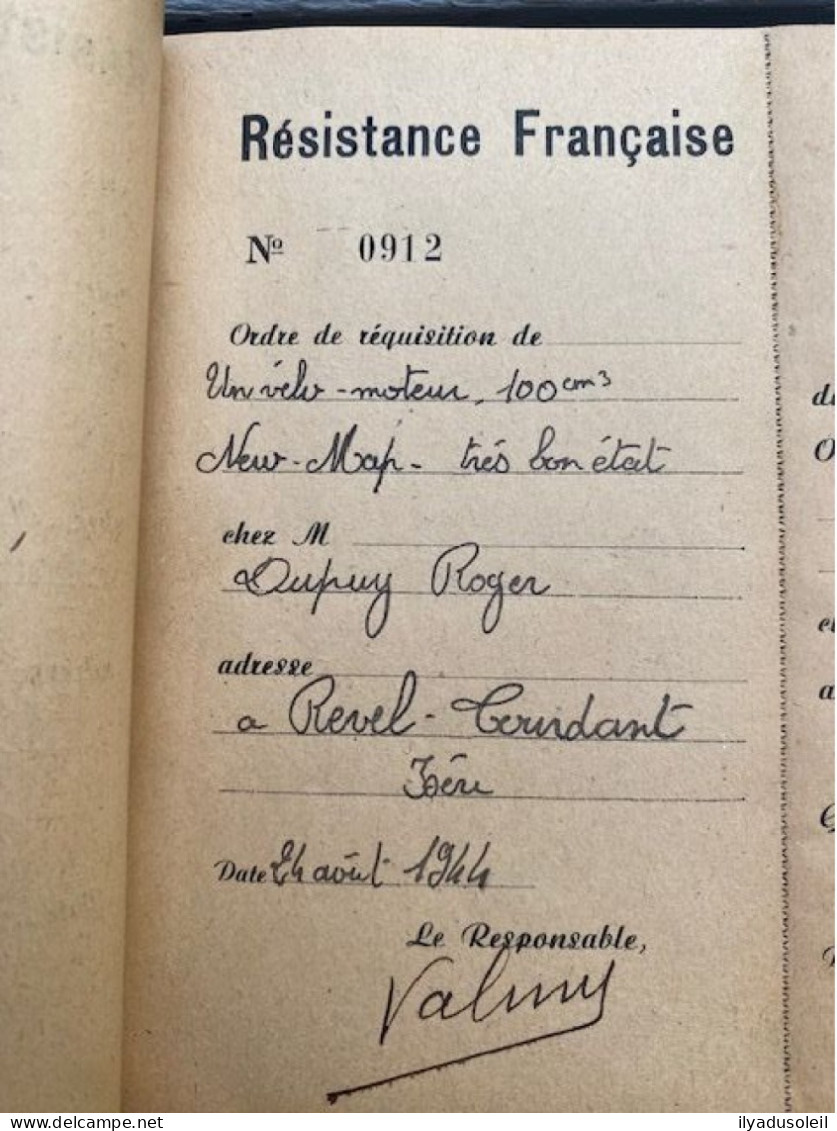 Resistance Francaise Carnet De  Requisition Avec 13 Ecrite  Aout Sept 1944 En Isere Signee Valmy - 1939-45