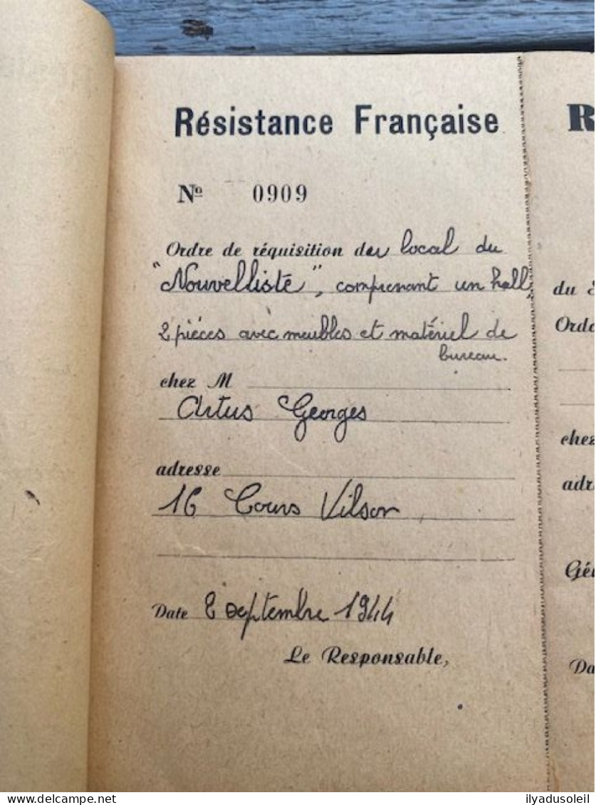 resistance francaise carnet de  requisition avec 13 ecrite  aout sept 1944 en isere signee valmy