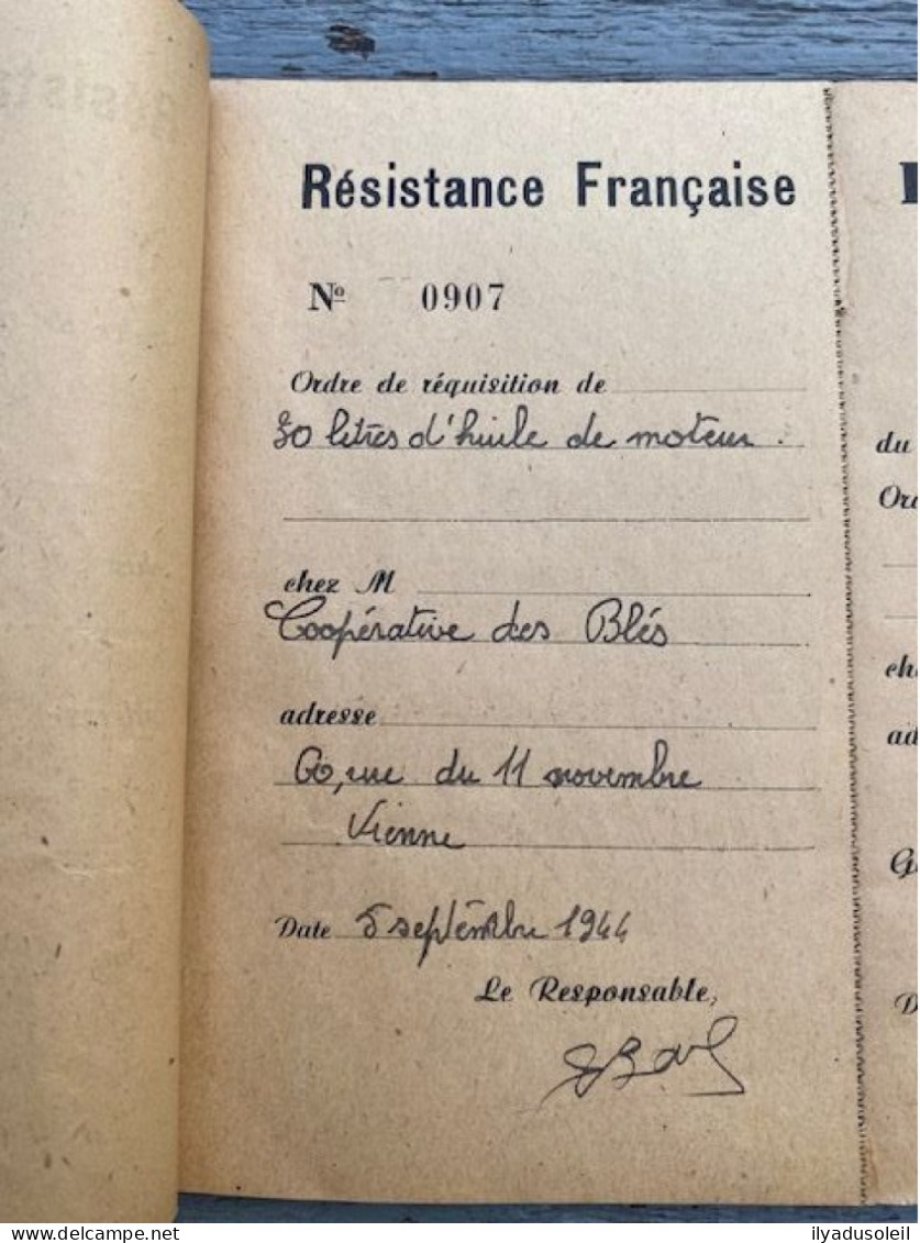 resistance francaise carnet de  requisition avec 13 ecrite  aout sept 1944 en isere signee valmy