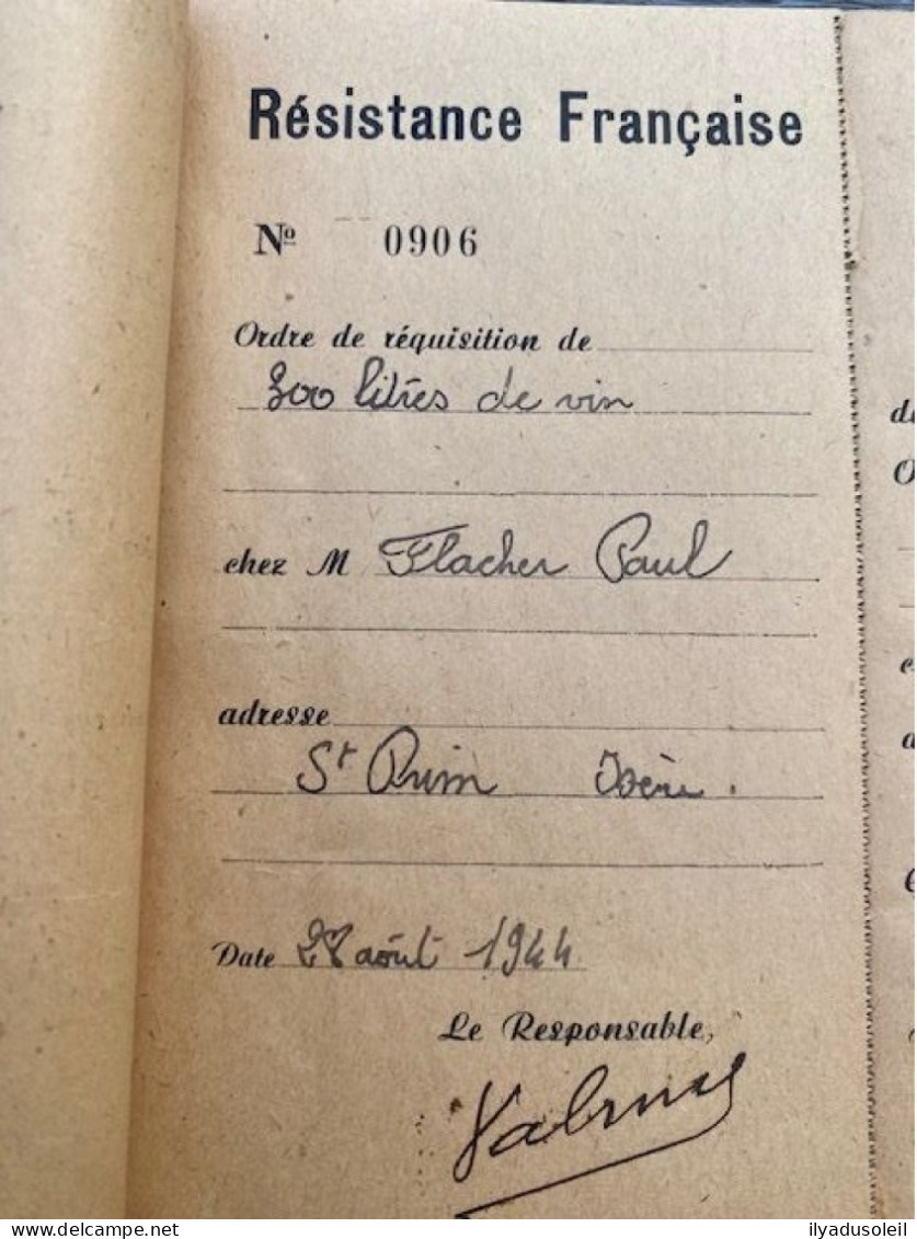 resistance francaise carnet de  requisition avec 13 ecrite  aout sept 1944 en isere signee valmy