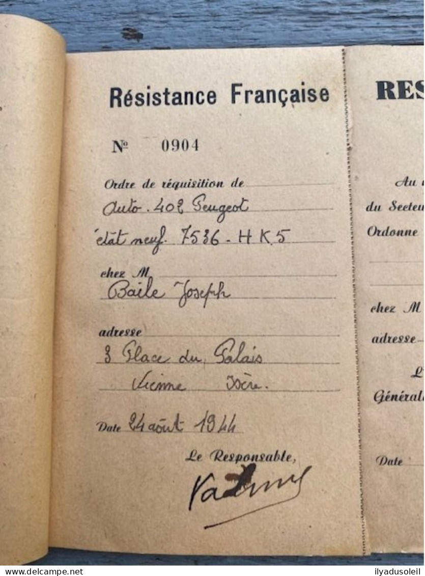 resistance francaise carnet de  requisition avec 13 ecrite  aout sept 1944 en isere signee valmy