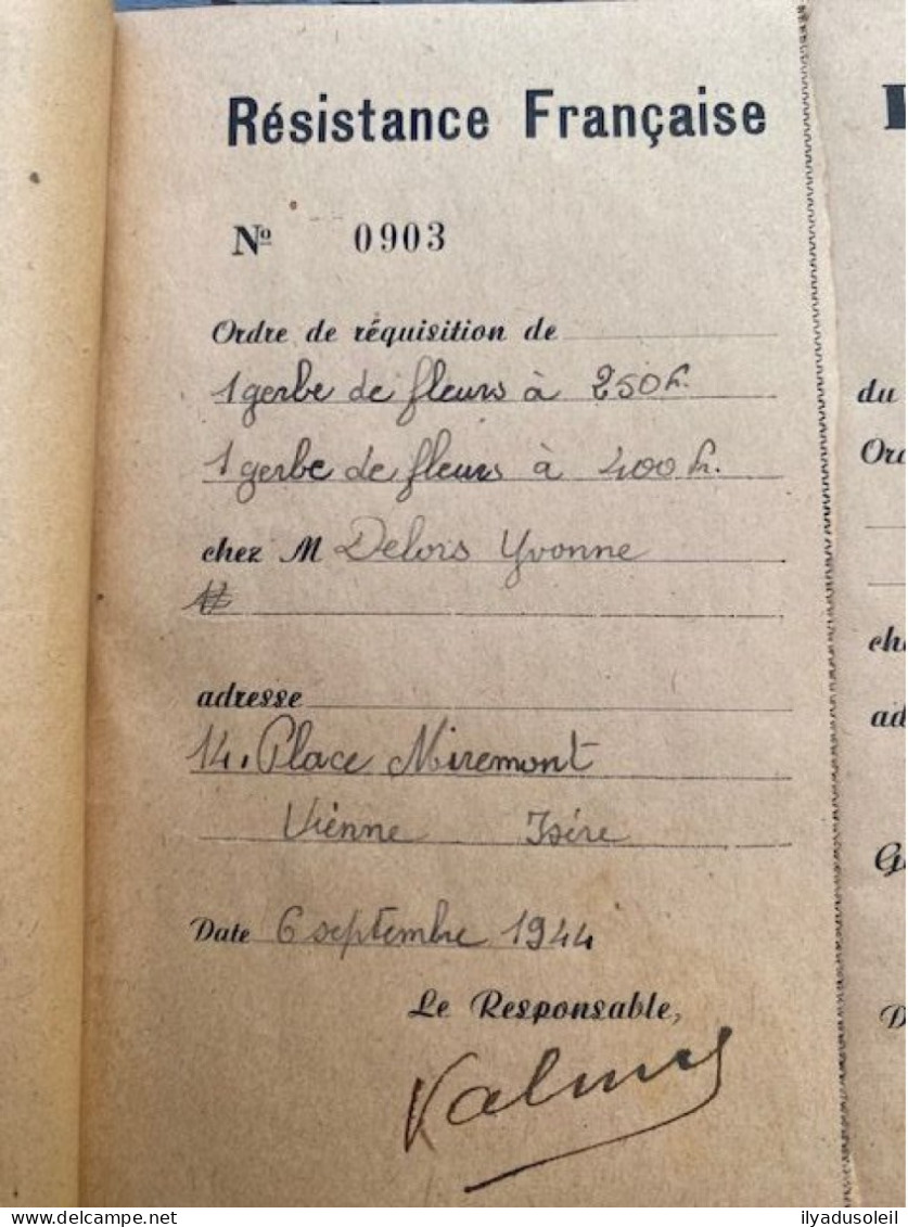 resistance francaise carnet de  requisition avec 13 ecrite  aout sept 1944 en isere signee valmy