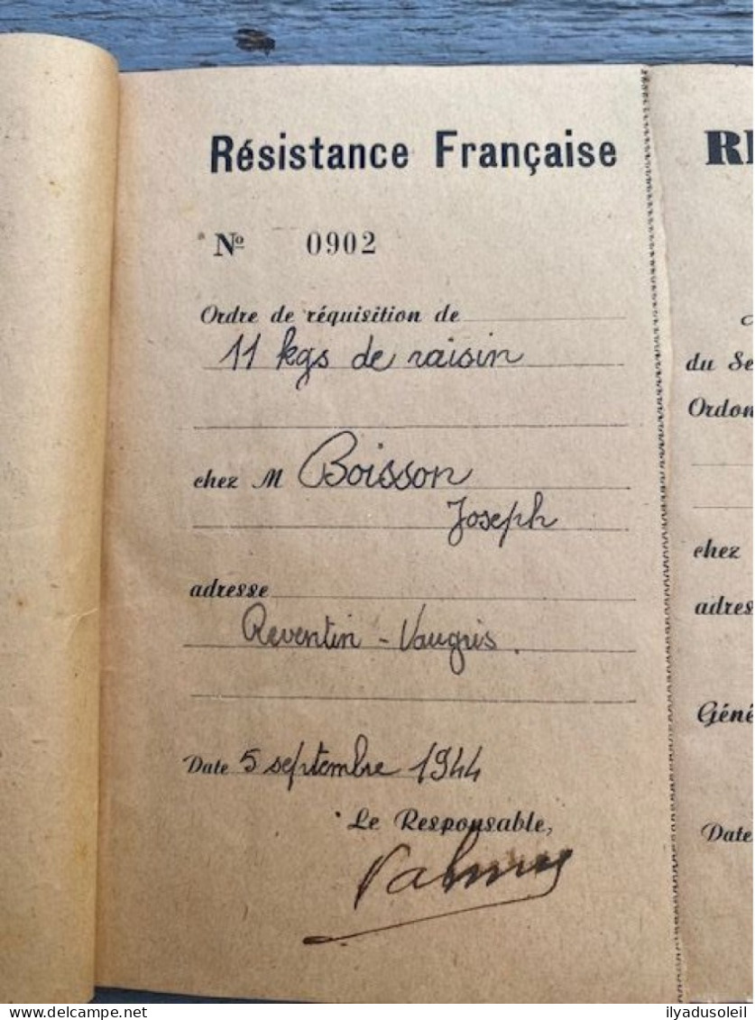 resistance francaise carnet de  requisition avec 13 ecrite  aout sept 1944 en isere signee valmy