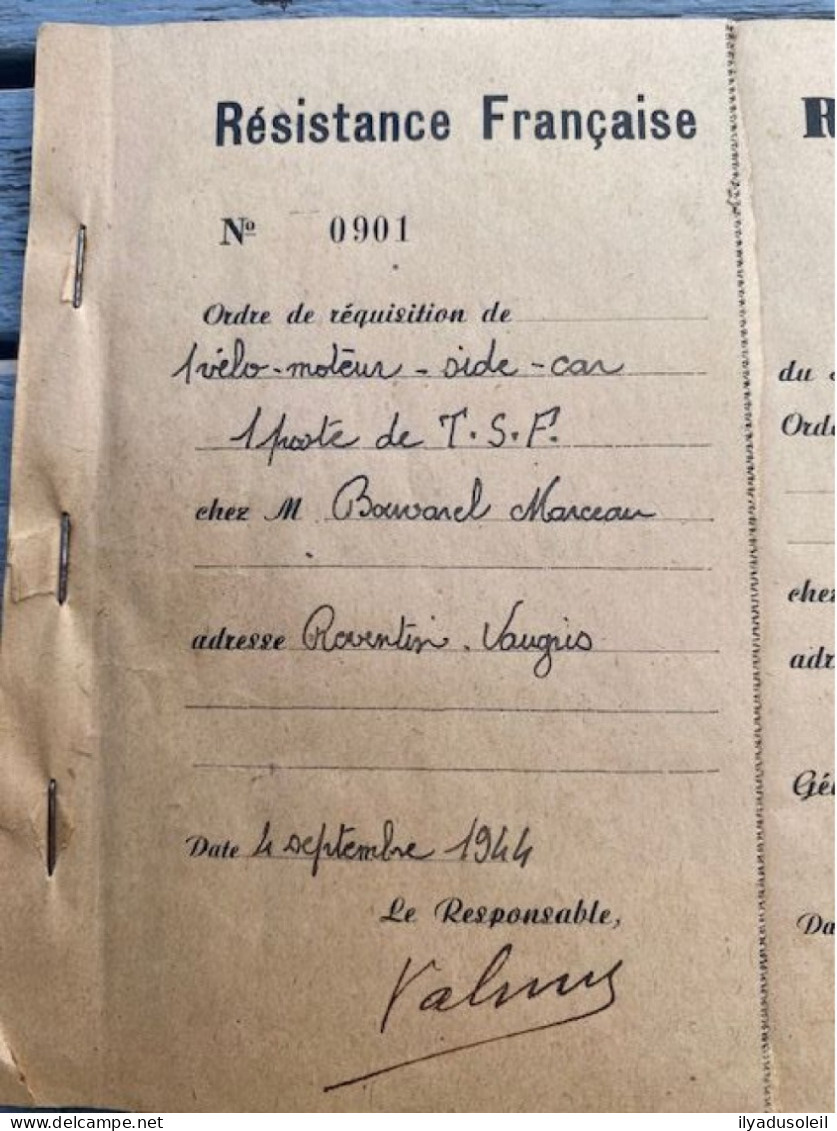 resistance francaise carnet de  requisition avec 13 ecrite  aout sept 1944 en isere signee valmy