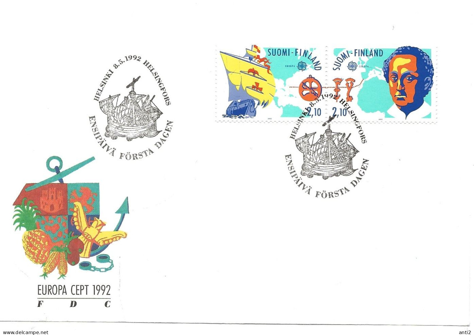 Finland   1992  Europe: 500th Anniversary Of The Discovery Of Americ, Ship Santa Maria, Columbus,  Mi 1178-1179  FDC - Briefe U. Dokumente