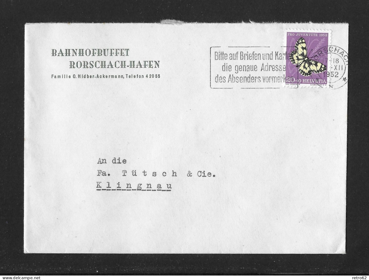 1952 HEIMAT ST.GALLEN ► Hotel/Tourismus Brief "Bahnhofbuffet Rorschach-Hafen" - Covers & Documents