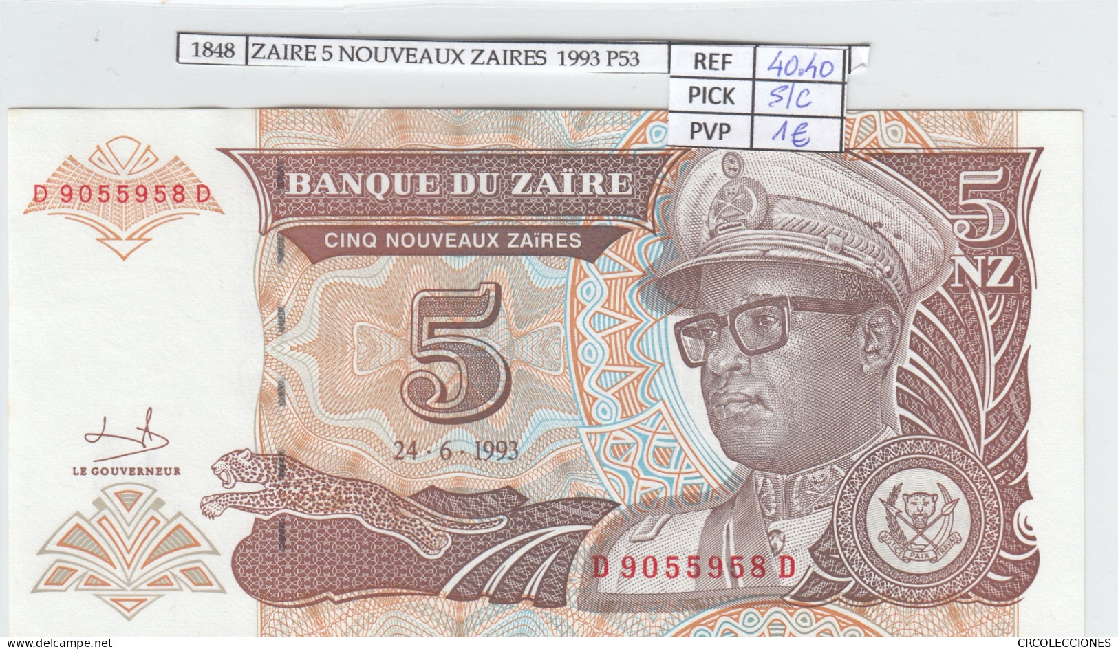 BILLETE ZAIRE 5 NOUVEAUX ZAIRES  1993 P-52a SIN CIRCULAR - Autres - Afrique