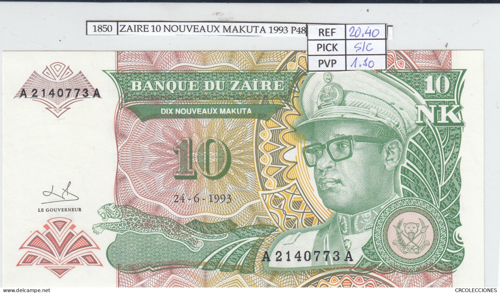 BILLETE ZAIRE 10 NOUVEAUX MAKUTA 1993 P-54a SIN CIRCULAR - Sonstige – Afrika