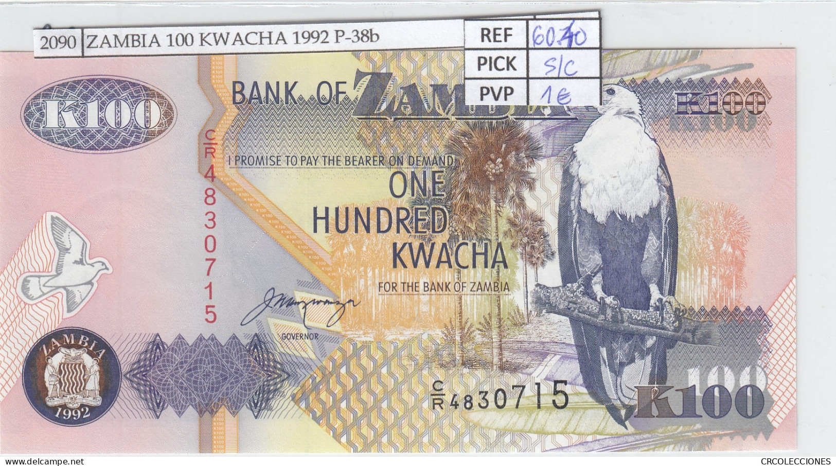 BILLETE ZAMBIA 100 KWACHA 1992 P-38b SIN CIRCULAR - Other - Africa