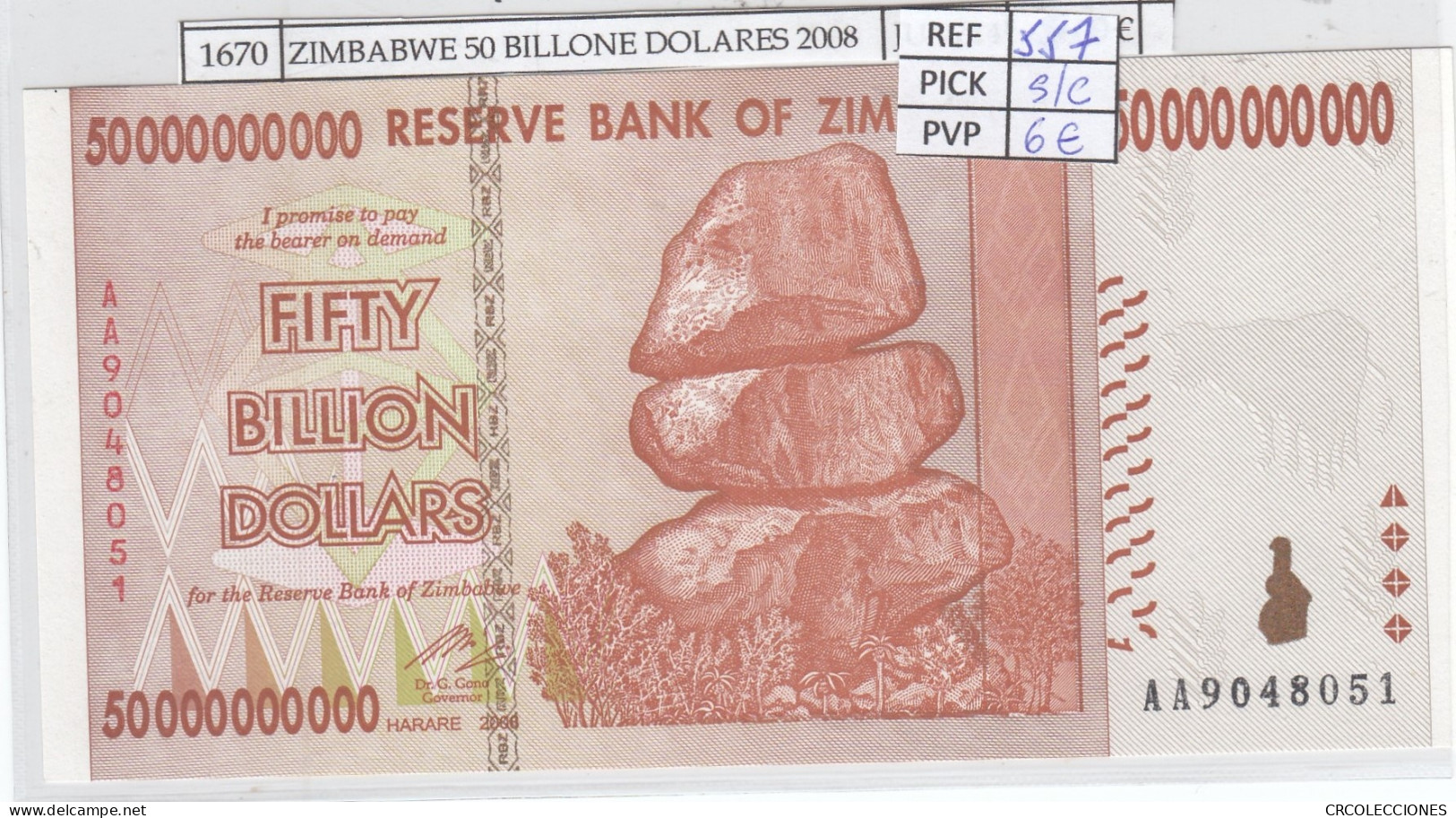 BILLETE ZIMBABWE 50 BILLONES DOLARES 2008 P-87 SIN CIRCULAR - Sonstige – Afrika