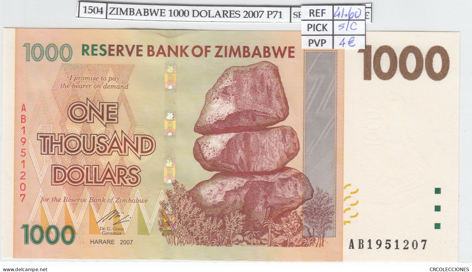 BILLETE ZIMBABWE 1.000 DOLARES 2007 P-71 SIN CIRCULAR - Other - Africa