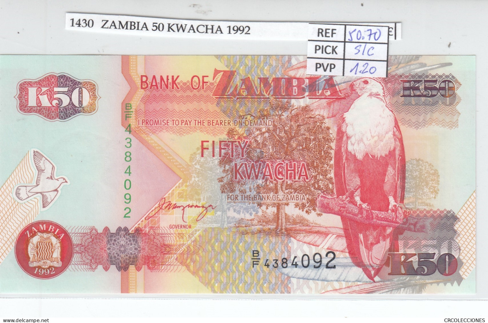 BILLETE ZAMBIA 50 KWACHA 1992 P-37b SIN CIRCULAR - Autres - Afrique