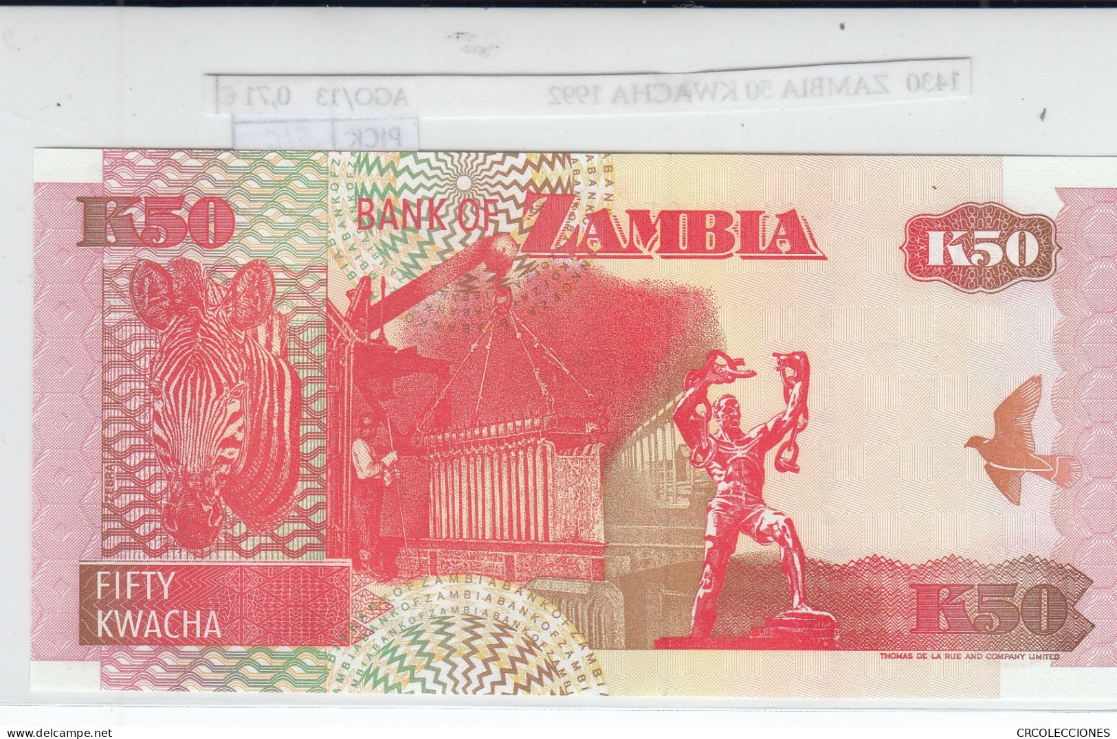 BILLETE ZAMBIA 50 KWACHA 1992 P-37b SIN CIRCULAR - Autres - Afrique