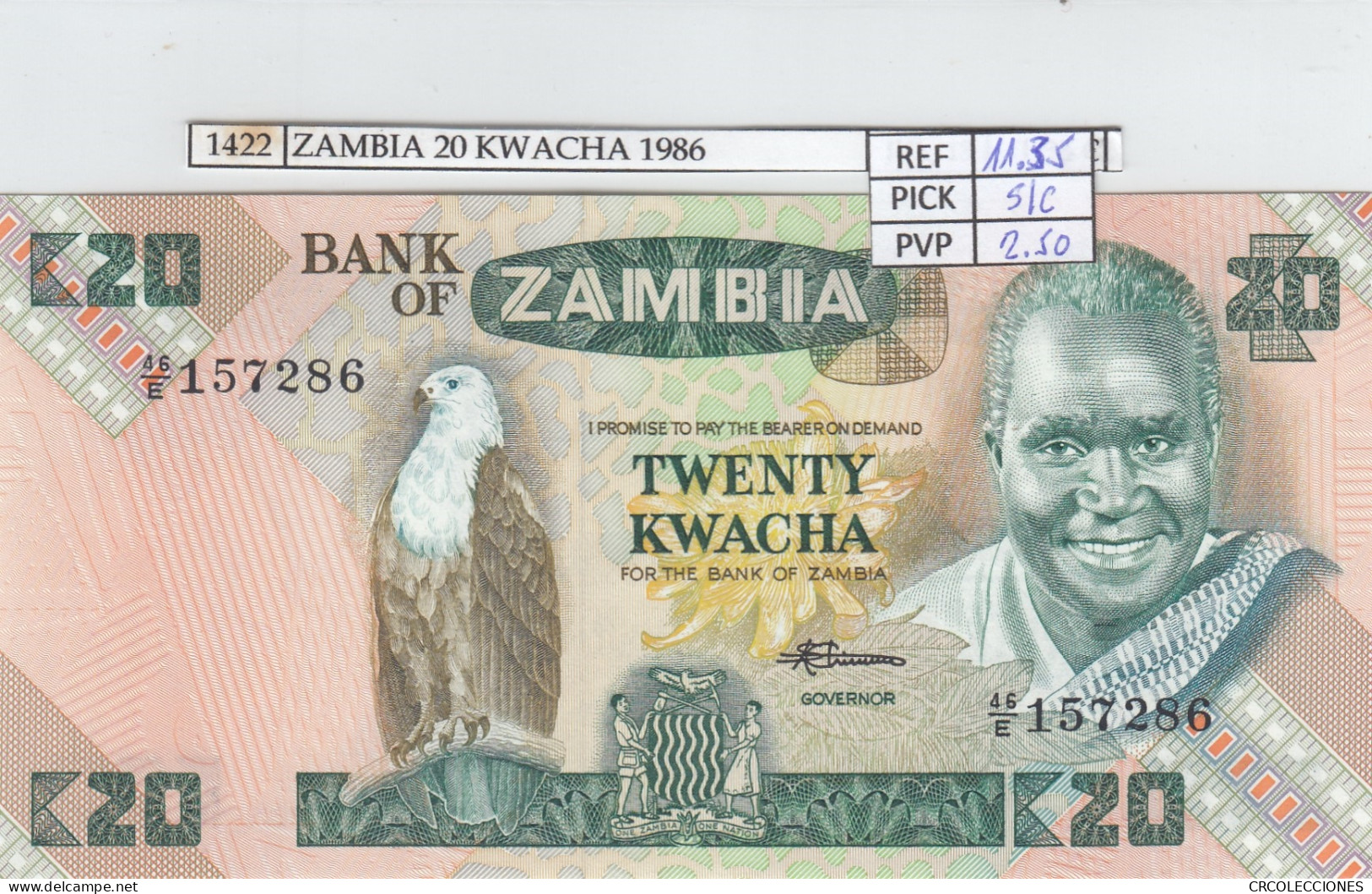BILLETE ZAMBIA 20 KWACHA 1986 P-27e SIN CIRCULAR - Otros – Africa