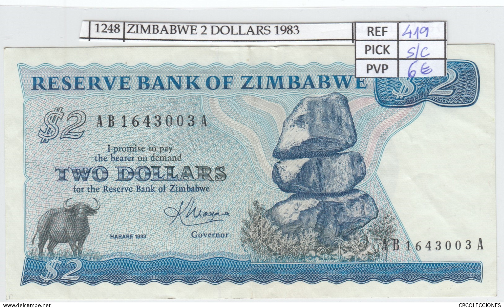 BILLETE ZIMBABWE 2 DOLARES 1983 P-1b SIN CIRCULAR - Sonstige – Afrika