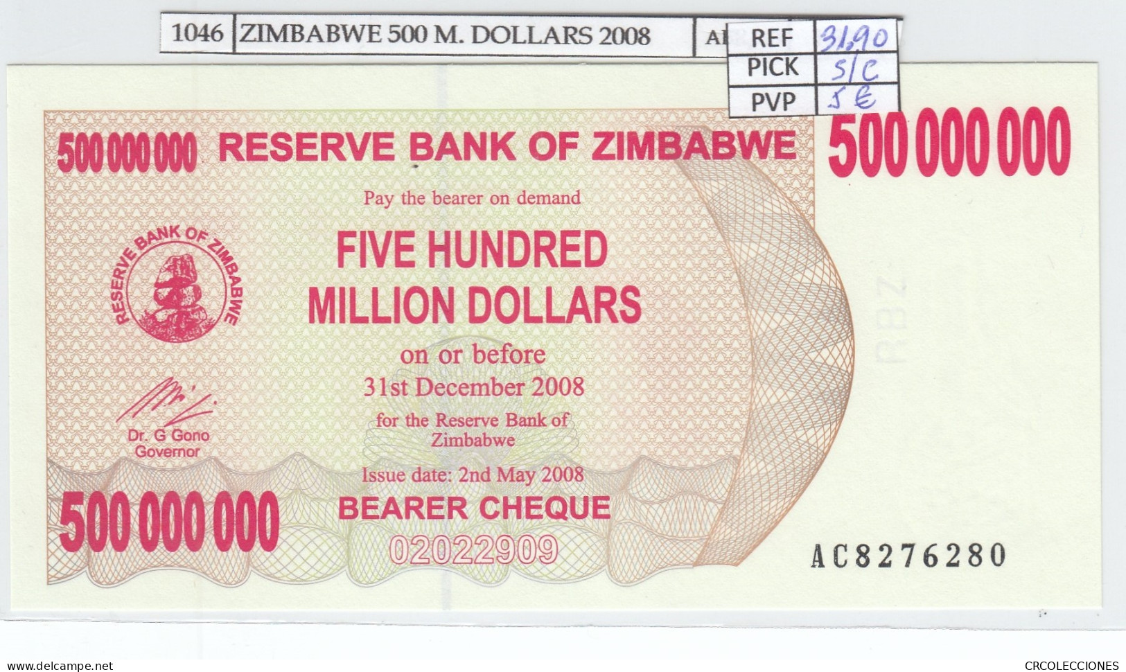 BILLETE ZIMBABWE 500 MILLONES DOLARES 2008 P-60 SIN CIRCULAR - Otros – Africa