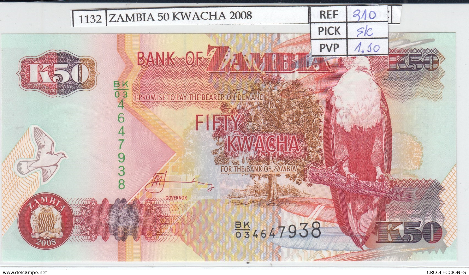 BILLETE ZAMBIA 50 KWACHA 2008 P-37g SIN CIRCULAR - Other - Africa