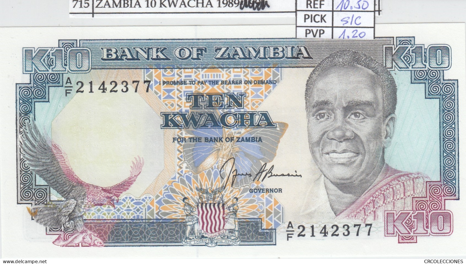 BILLETE ZAMBIA 10 KWACHA 1989 P-31b SIN CIRCULAR - Altri – Africa