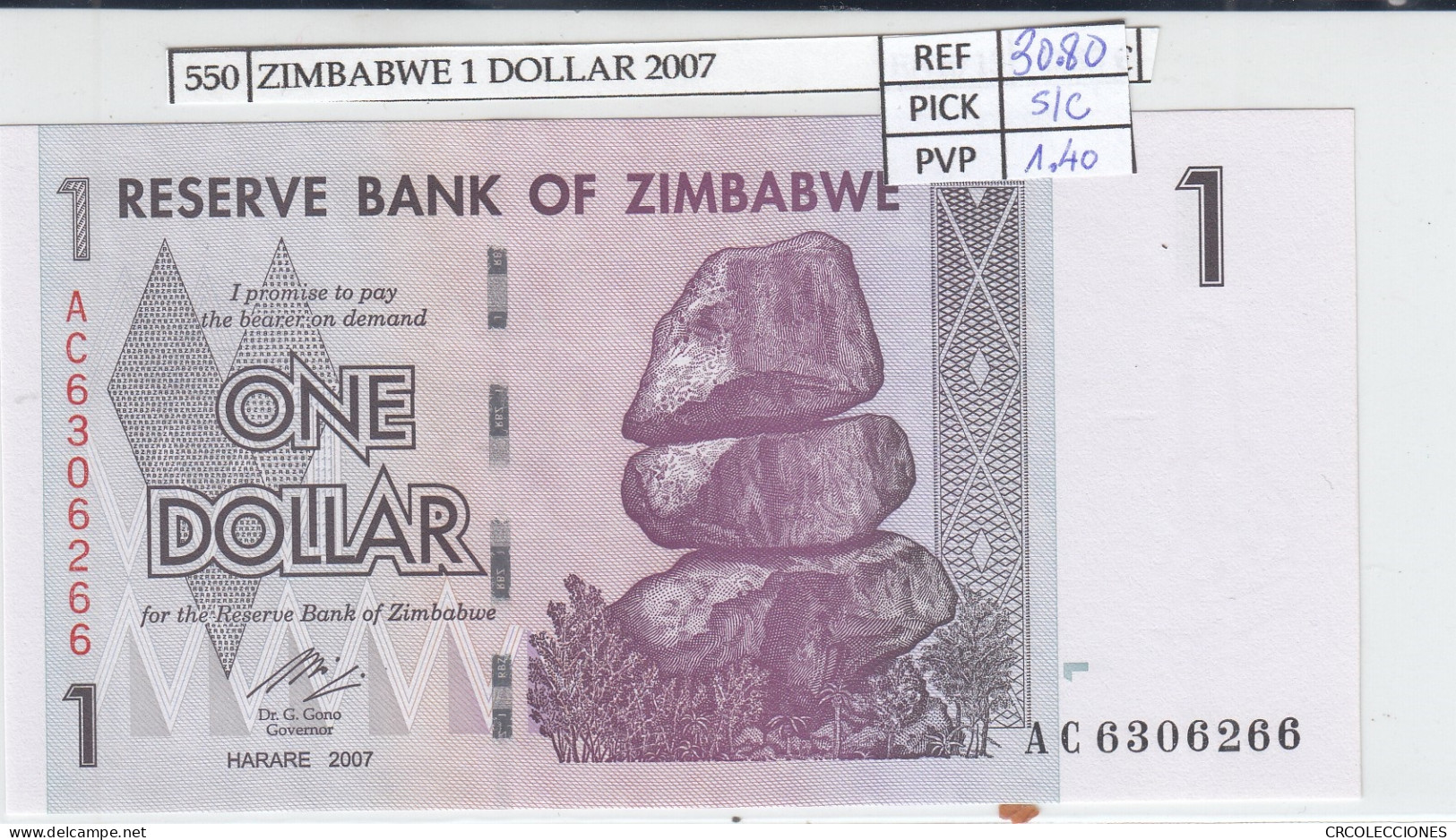 BILLETE ZIMBABWE 1 DOLAR 2007 P-65 SIN CIRCULAR - Otros – Africa