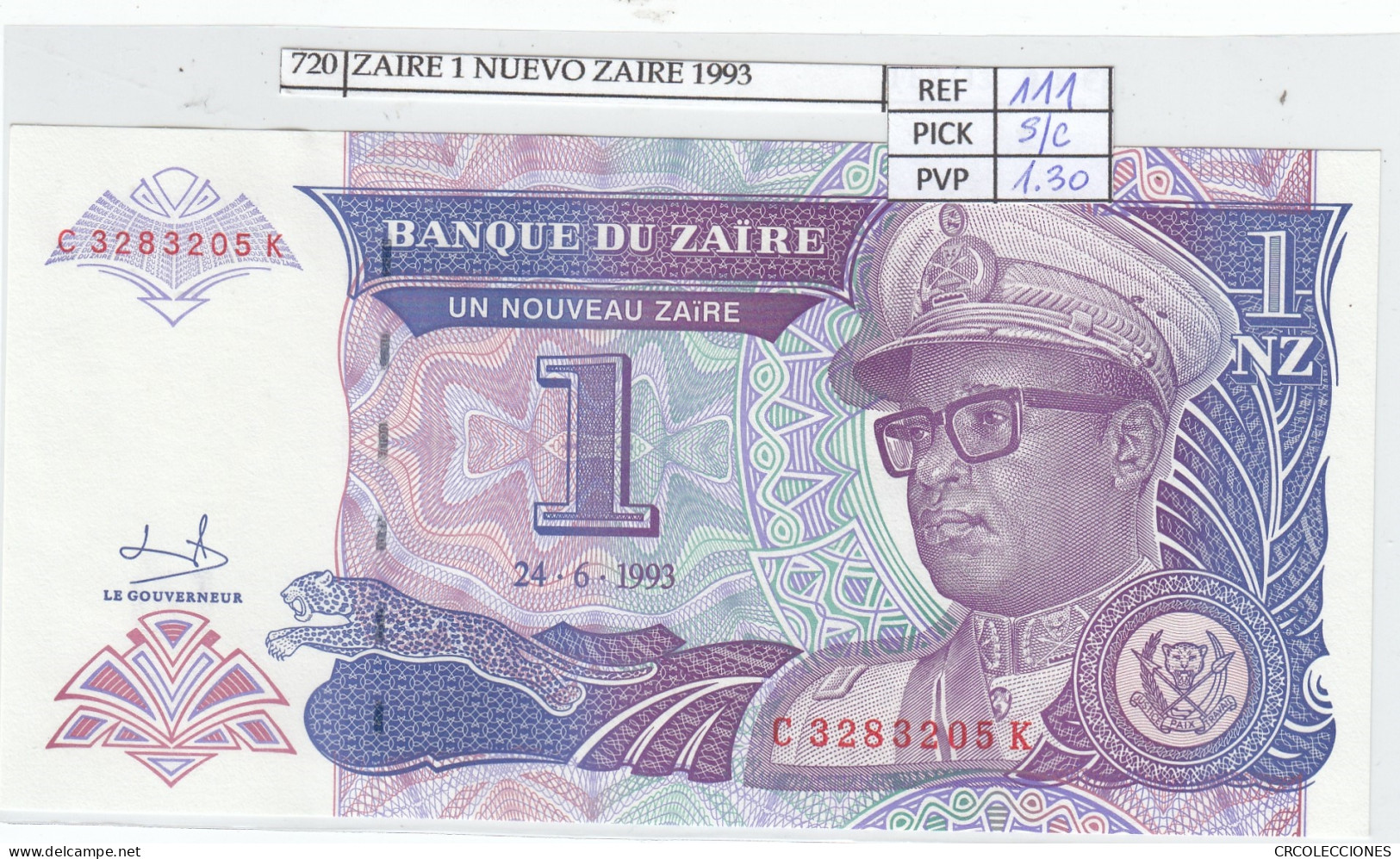 BILLETE ZAIRE 1 NUEVO ZAIRE 1993 P-52a SIN CIRCULAR - Altri – Africa