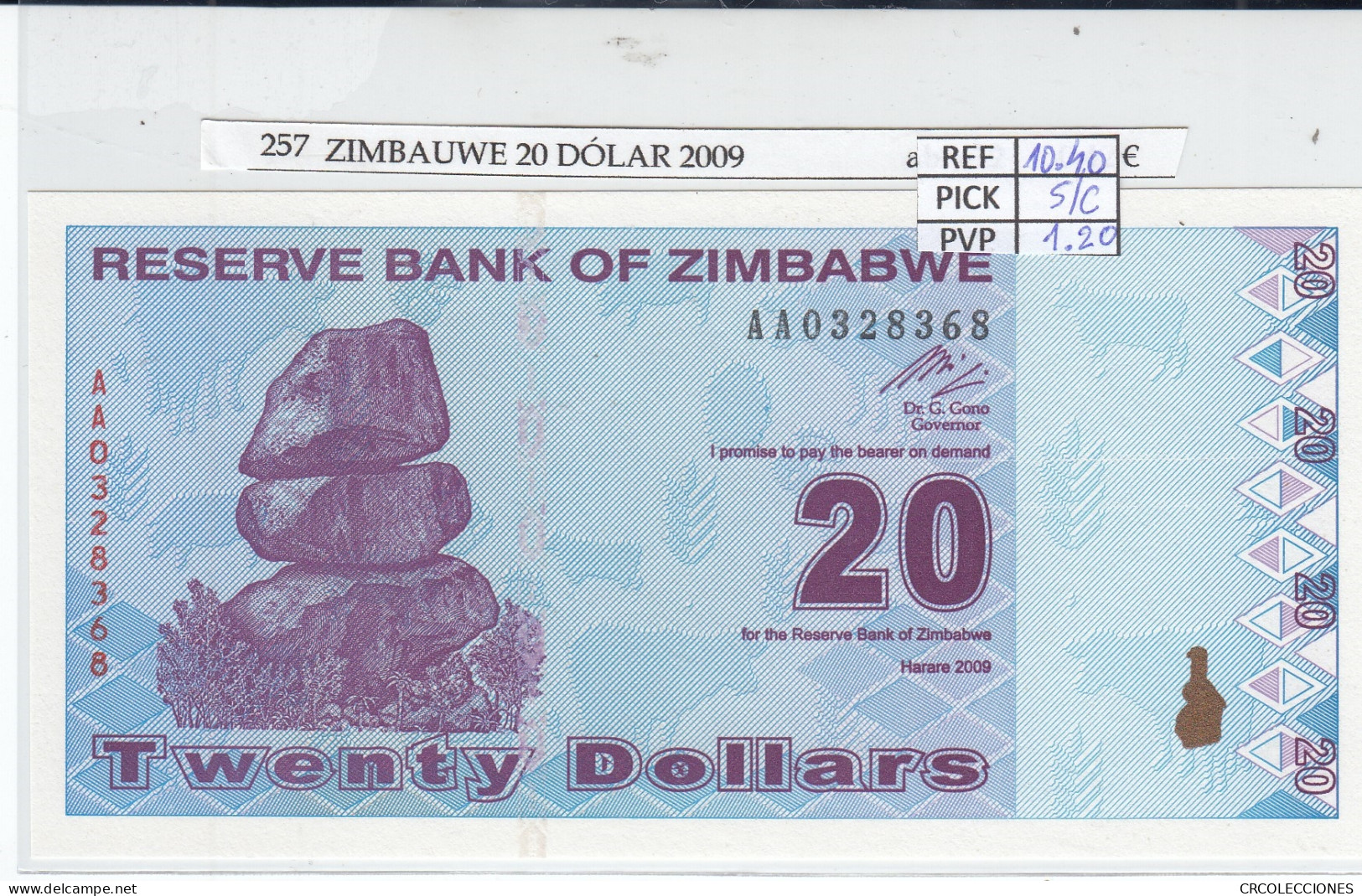 BILLETE ZIMBABWE 20 DOLARES 2009 P-95 SIN CIRCULAR - Otros – Africa