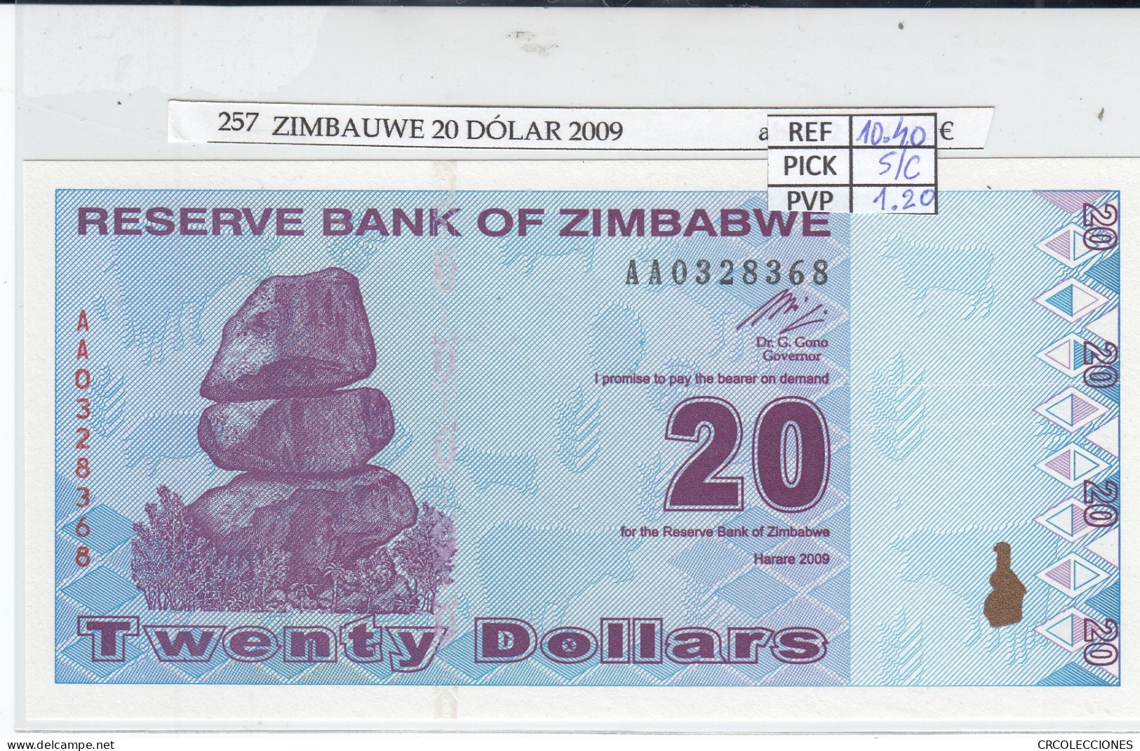 BILLETE ZIMBABWE 20 DOLARES 2009 P-95 SIN CIRCULAR - Autres - Afrique