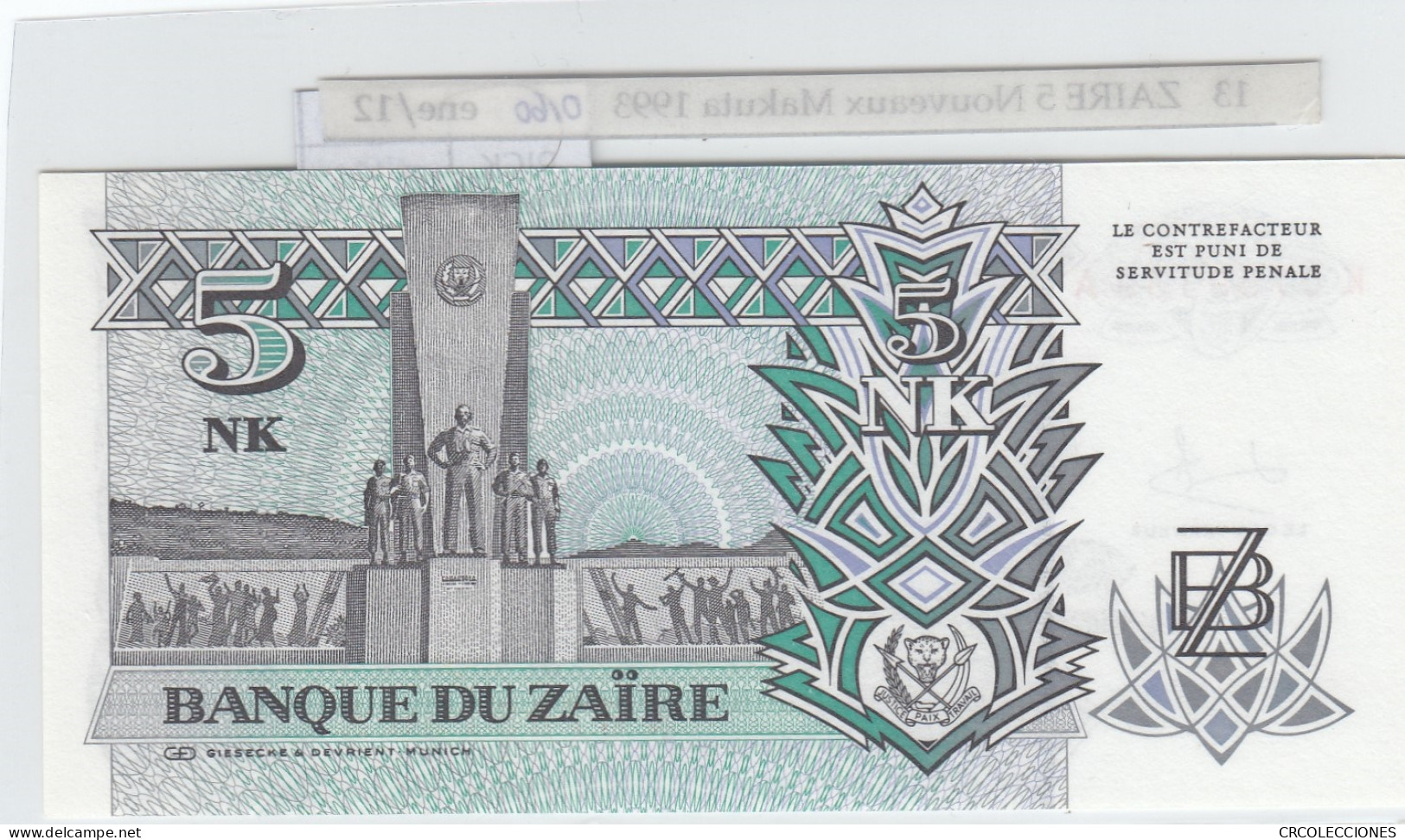 BILLETE ZAIRE 5 NOUVEAUX MAKUTA 1993 P-48a SIN CIRCULAR - Other - Africa