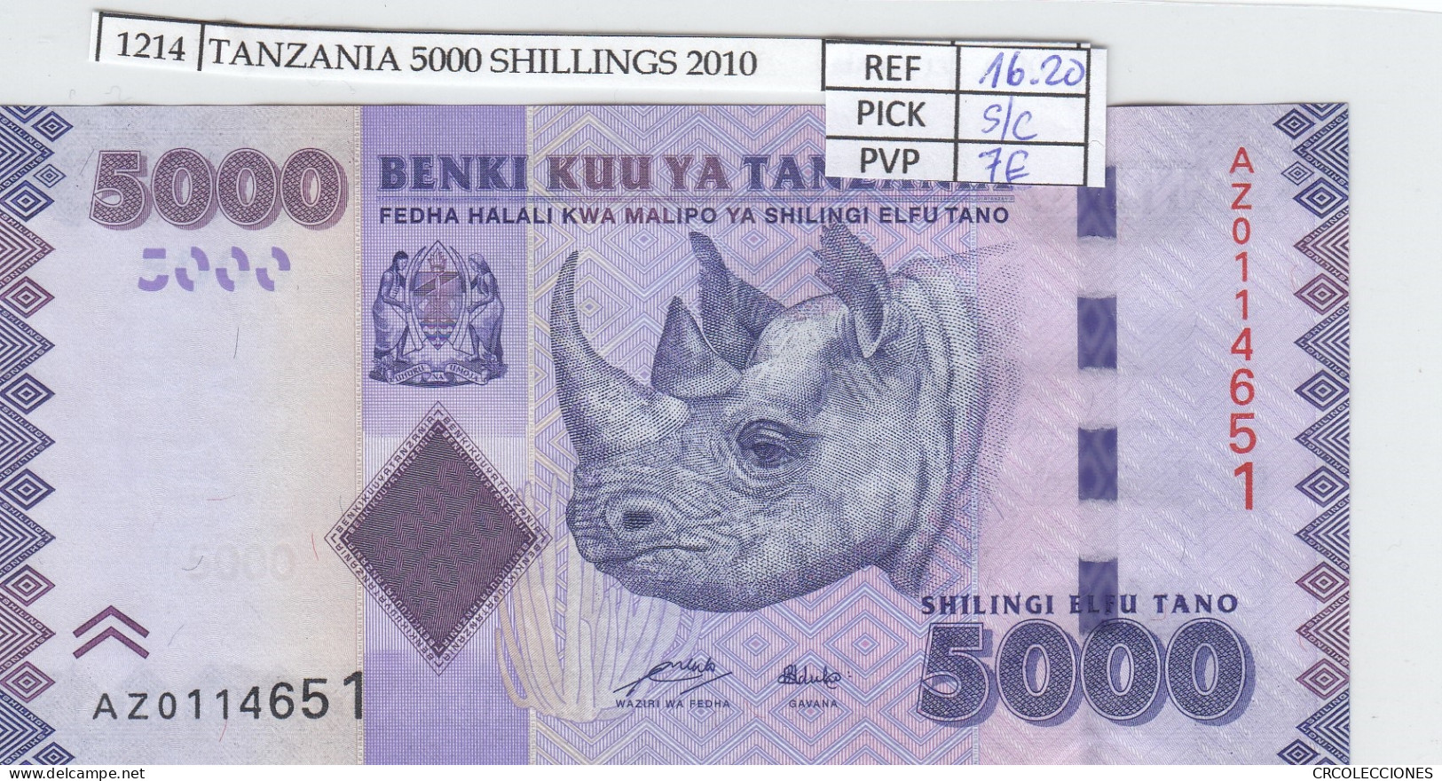 BILLETE TANZANIA 5.000 SHILINGI 2010 P-43a SIN CIRCULAR - Sonstige – Afrika