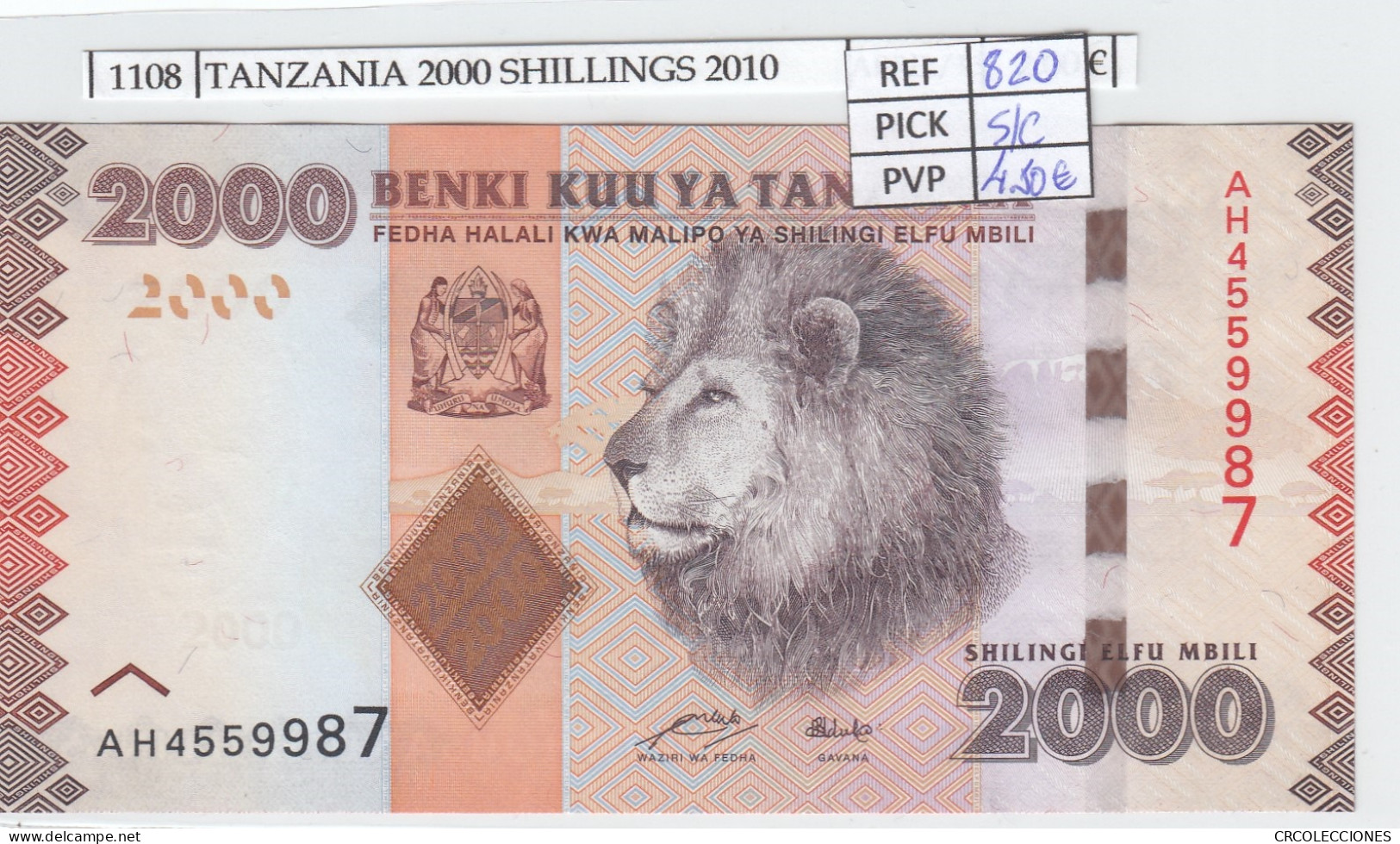 BILLETE TANZANIA 2.000 SHILINGI 2010 P-42a SIN CIRCULAR - Autres - Afrique