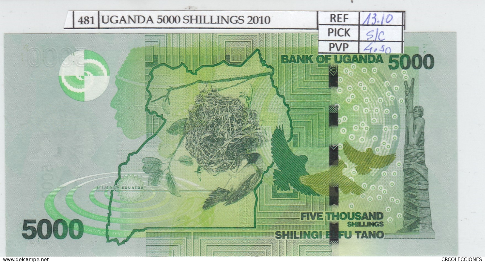 BILLETE UGANDA 5000 SHILLINGS 2010 P-51a SIN CIRCULAR - Otros – Africa