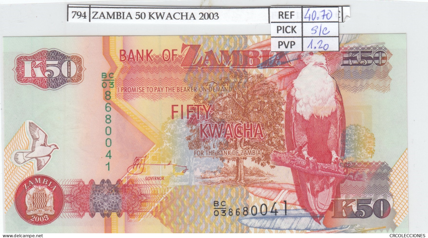 BILLETE ZAMBIA 50 KWACHA 2003 P-37d.2 SIN CIRCULAR - Autres - Afrique