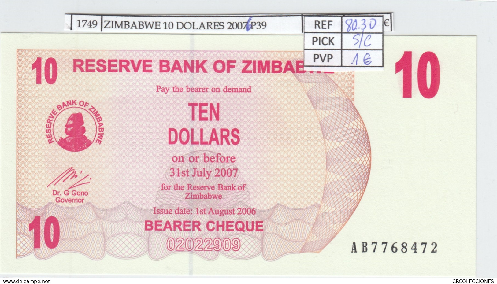 BILLETE ZIMBABWE 10 DOLARES 2006 (07) P-39 SIN CIRCULAR - Other - Africa