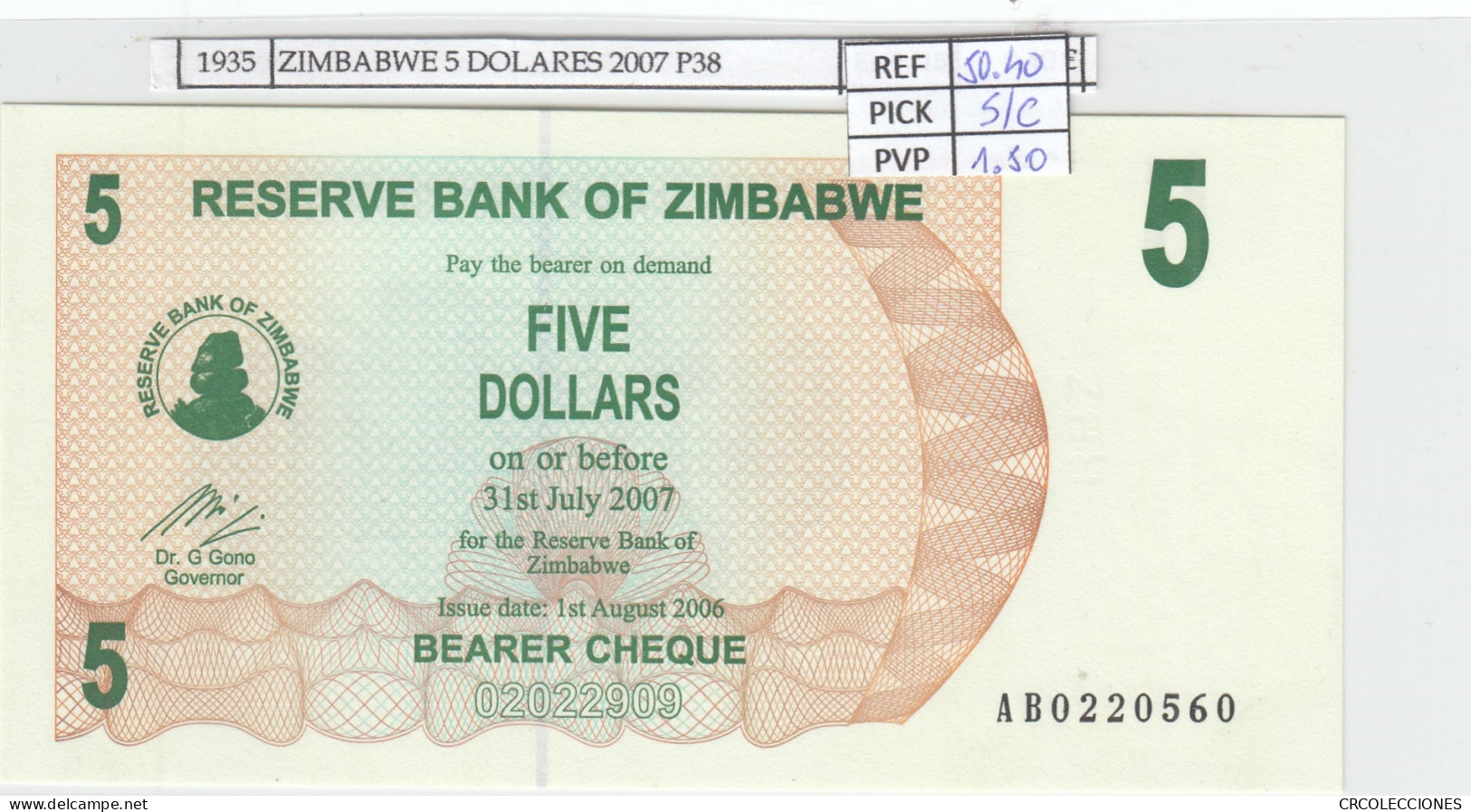 BILLETE ZIMBABWE 5 DOLARES 2006 (07) P-38 SIN CIRCULAR - Sonstige – Afrika