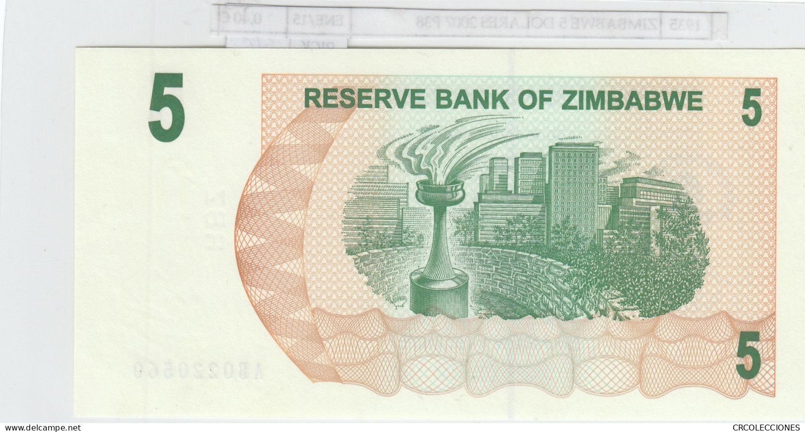 BILLETE ZIMBABWE 5 DOLARES 2006 (07) P-38 SIN CIRCULAR - Otros – Africa