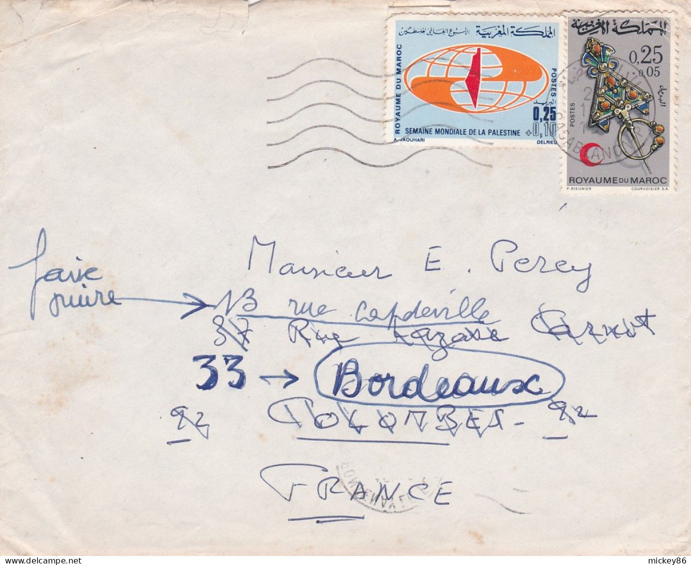 Maroc -1971--Lettre CASABLANCA Pour COLOMBES Réexp BORDEAUX-33(France) .timbres Sur Lettre..cachet. - Marruecos (1956-...)