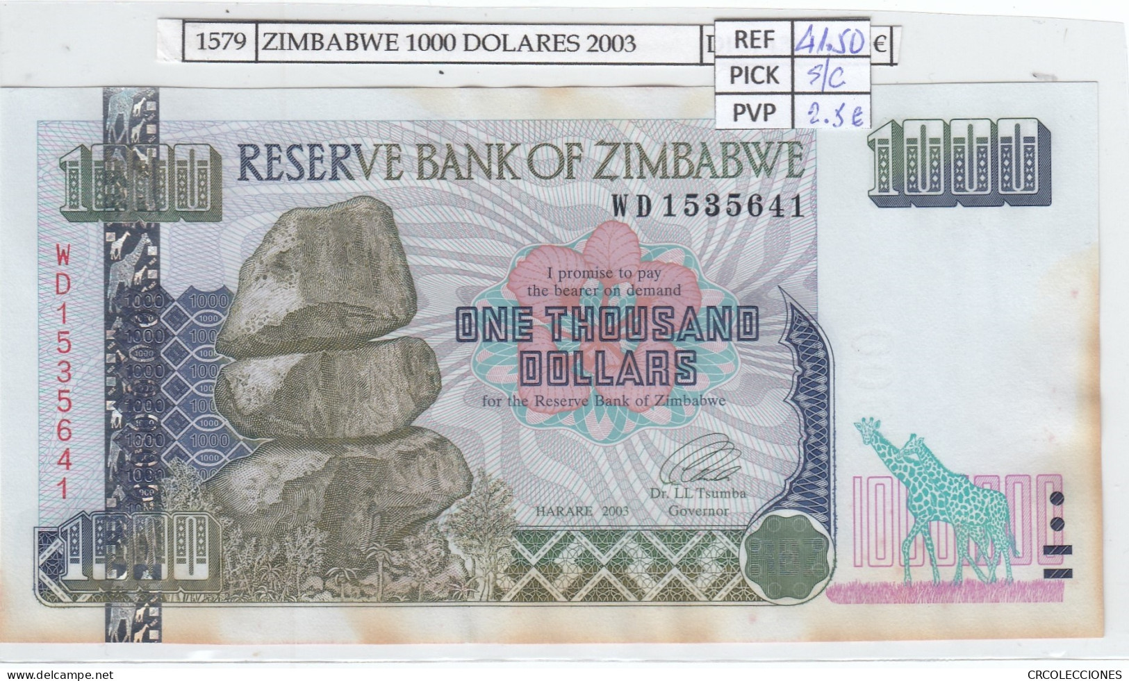 BILLETE ZIMBABWE 1.000 DOLARES 2003 P-12a SIN CIRCULAR - Otros – Africa