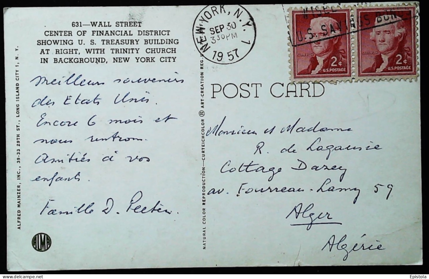 ► U.S. Scott # 1054 (o) 1954 - Jefferson 2c (Joint Line Pair) On WALL STREET CARD For French Algeria - Briefe U. Dokumente
