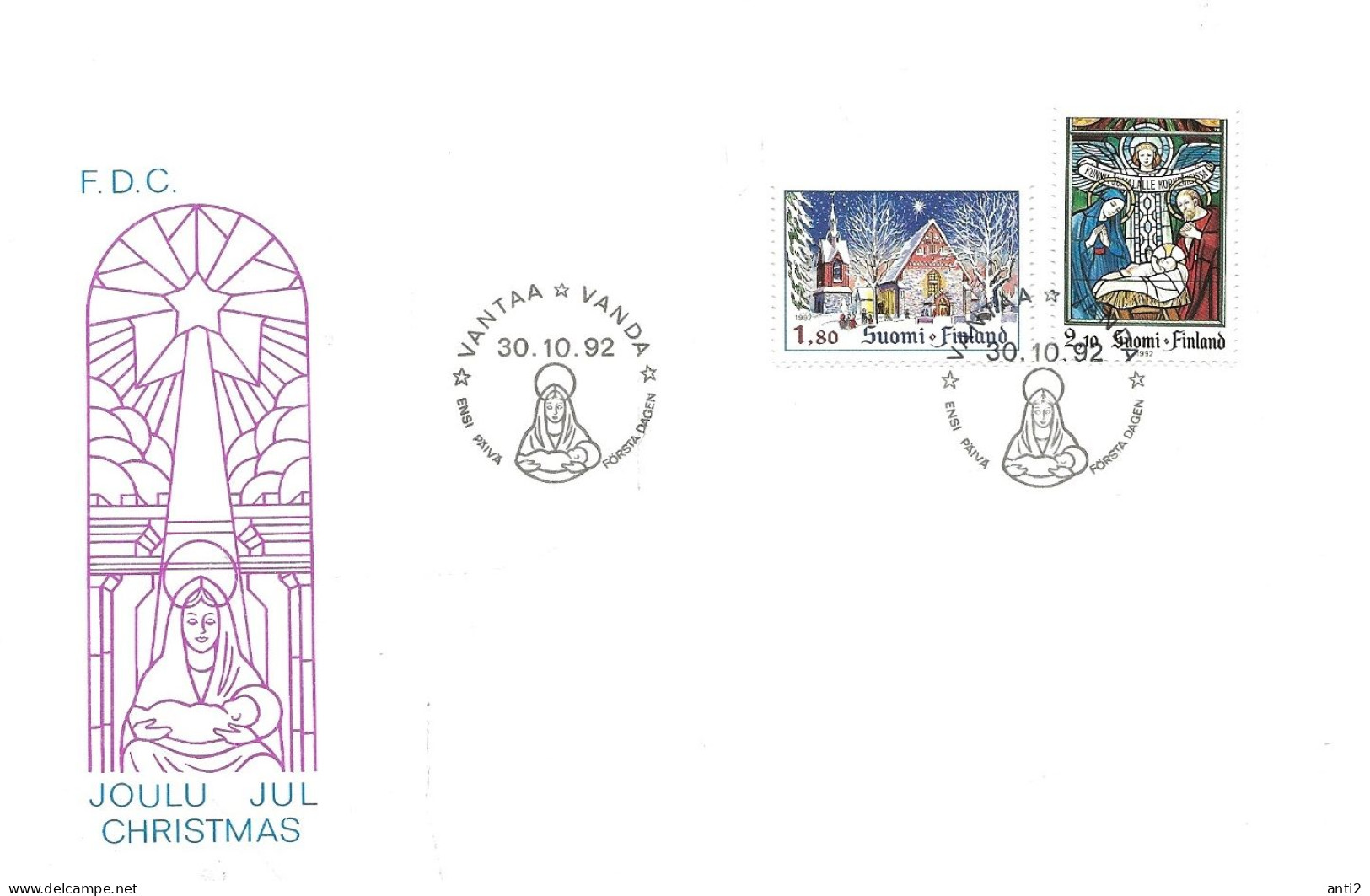 Finland   1992 Christmas, St. Lawrence Church, Helsinge. Christ's Birth; Stained Glass,  Karkkila  Mi 1195-1196  FDC - Lettres & Documents