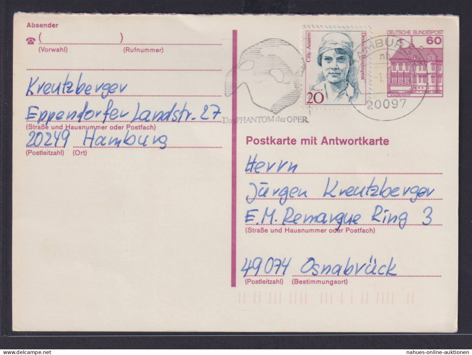 Bund Frage Ganzsache Burgen & Schlösser 60 Pfg. Plus ZuF Hamburg Osnabrück - Postkarten - Gebraucht