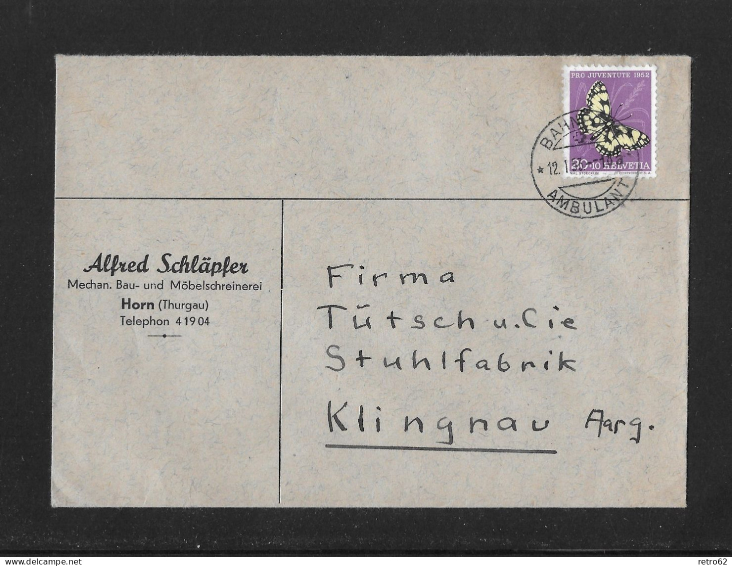 1953 HEIMAT THURGAU ► Brief Mit Zudruck "Alfred Schhläpfer Mechan. Bau- Und Möbelschreinerei HORN / TG" - Storia Postale