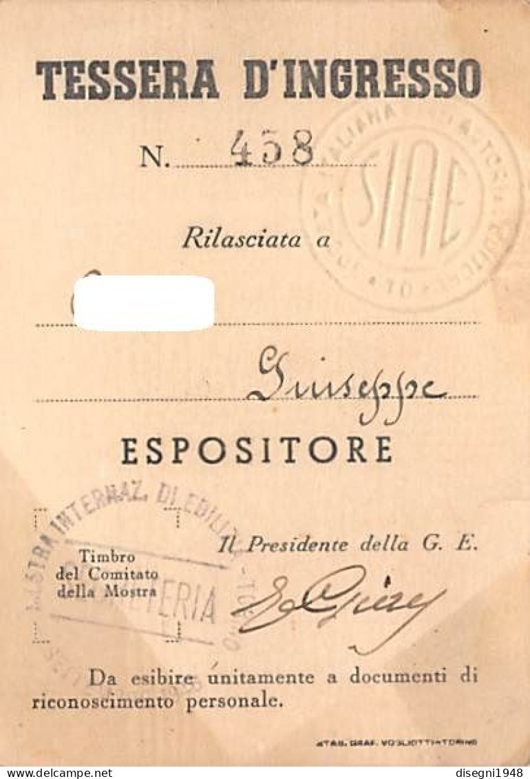 12714 "TORINO - MOSTRA INTERNAZIONALE DELLA EDILIZIA - 1946 - TESSERA D'INGRESSO N° 458" ORIG. - Sonstige & Ohne Zuordnung